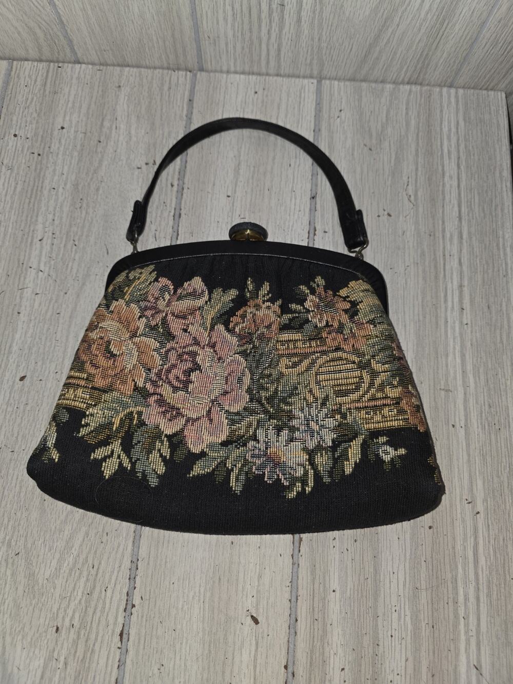 Vintage 1950 H1 USA Made Black Floral Tapestry Carpet Hand Bag Purse Black Strap
